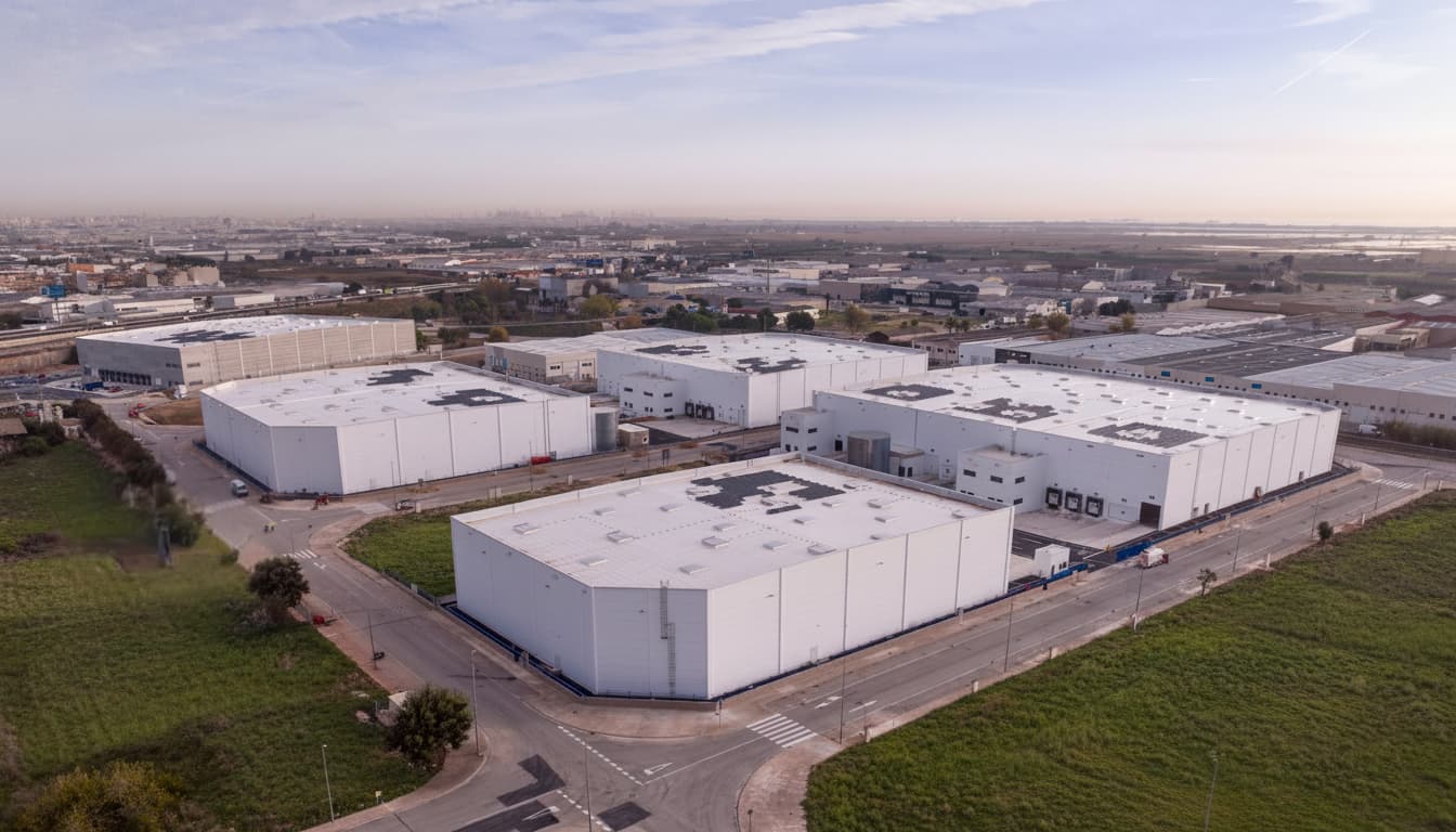 Aerial view of a large industrial complex with several white warehouse buildings surrounded by roads and green fields.
